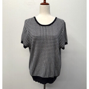 Lands End Houndstooth Sweater Womens Size L Black White Supima Cotton Knit